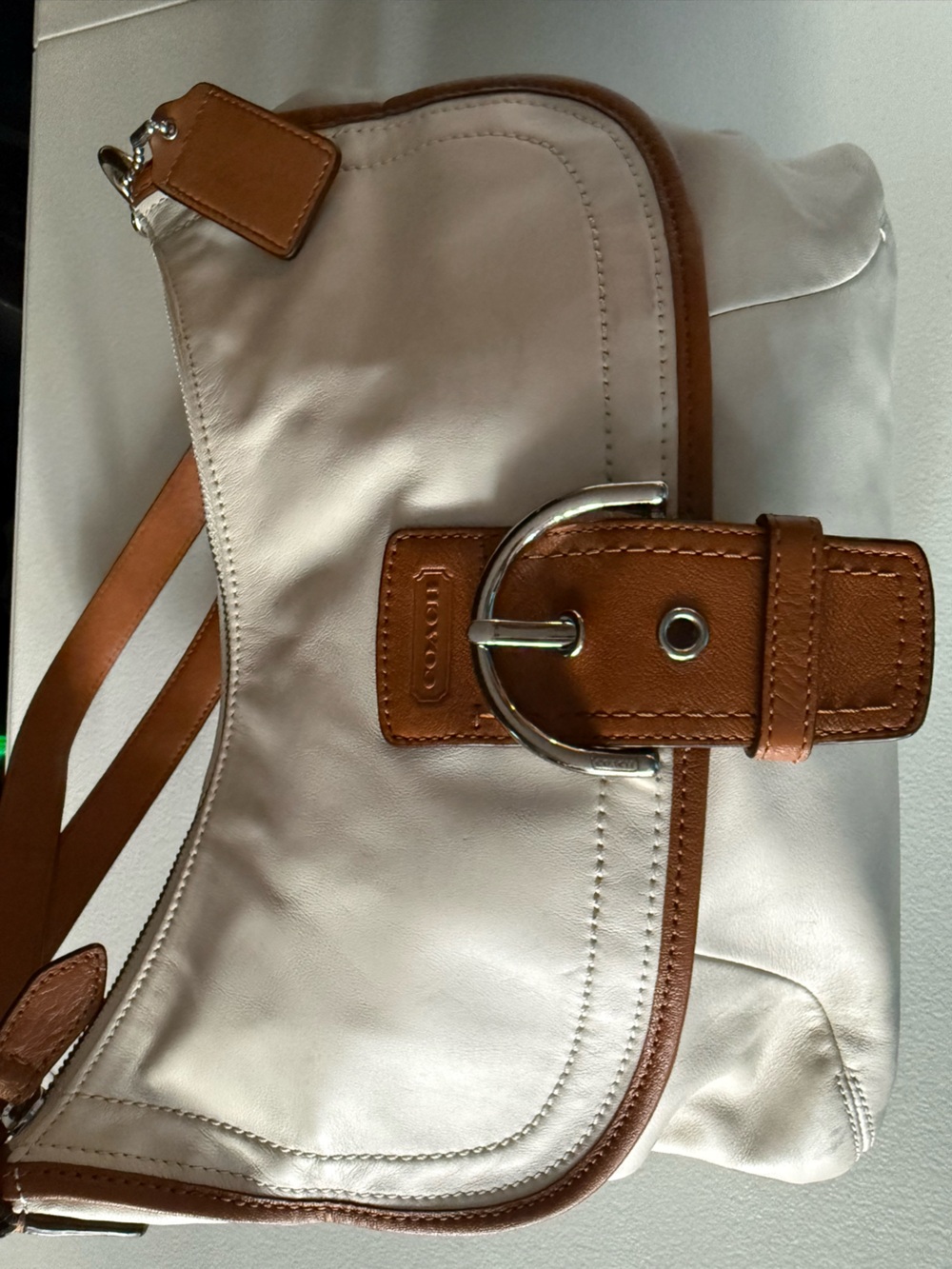 Coach White and Tan Leather Shoulder Bag with Buckle